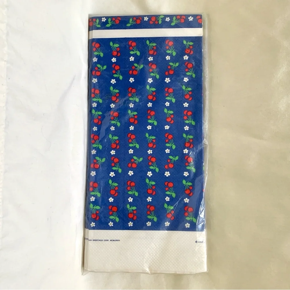 1970s blue tablecover with red cherries white daisies print by Party Maid